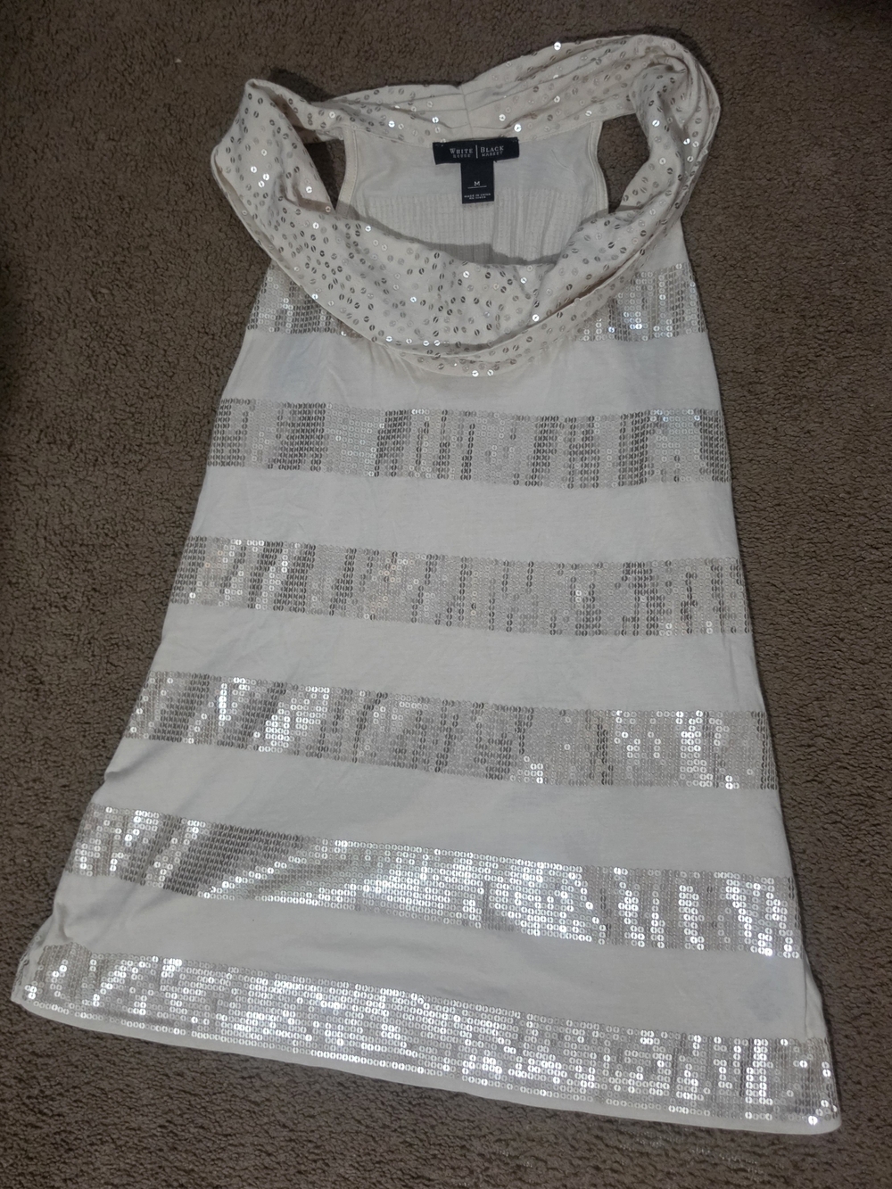 White House Black Market Cream Top with Silver Sequin Stripes